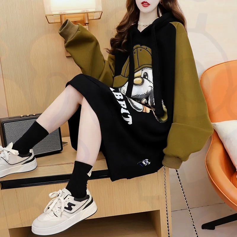 color contrast patchwork bear printed mid-length loose-fitting plus size pullover women 2024 autumn and winter new velvet padded thickened top