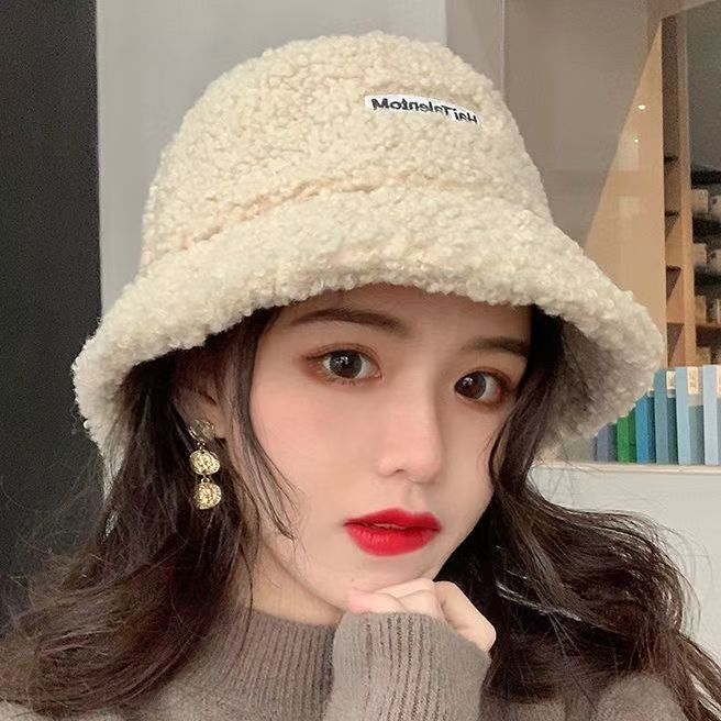 hat female autumn winter japanese lamb wool embroidered letters warm all-matching bucket hat korean fashion plush bucket hat