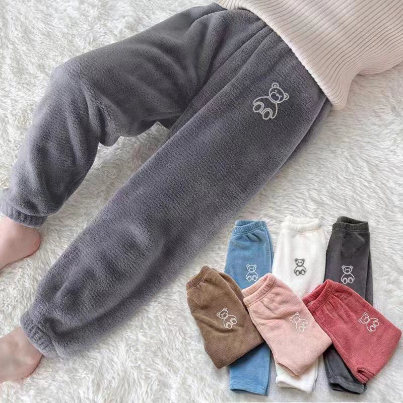 children‘s pajamas autumn and winter coral fleece medium and large children warm pants thickened fleece-lined boys and girls double-sided fleece warm home pants