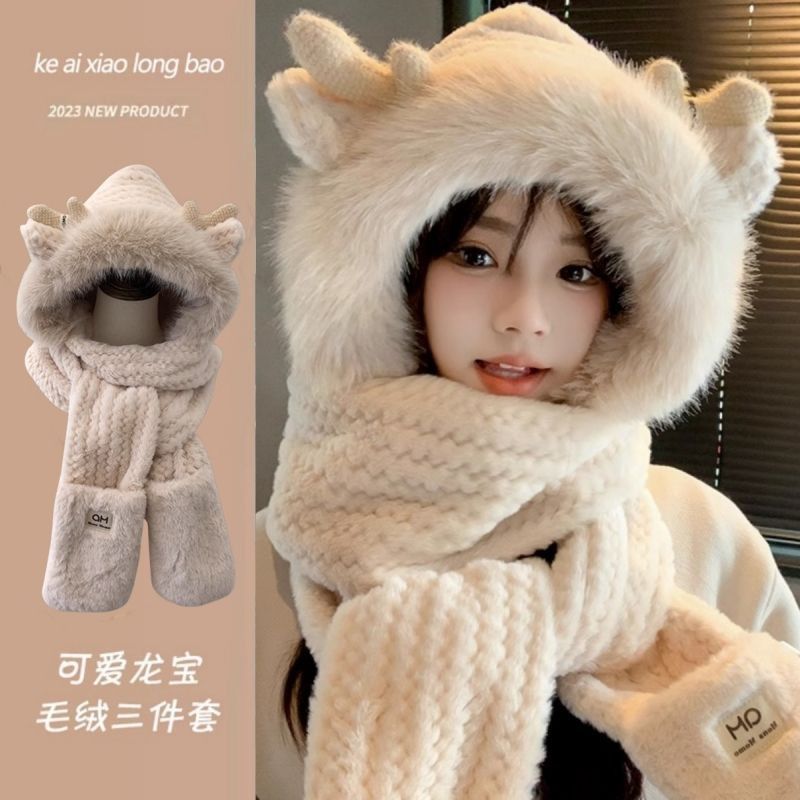 2024 new cute hat scarf one female winter hooded scarf thickened warm plush three-piece set cycling