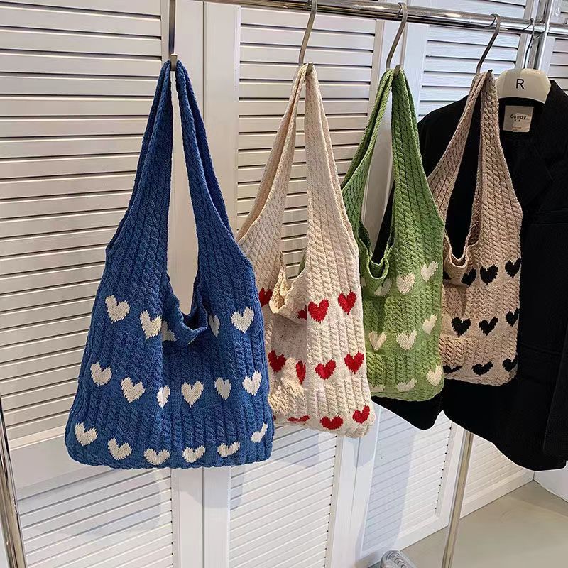 dopamine woven knitted wool new love one-shoulder tote handbag casual large capacity shopping bag bag