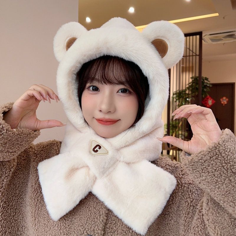 plush bear hat scarf integrated thickened scarf cute cold protection in winter all-match cycling warm ear protection hooded