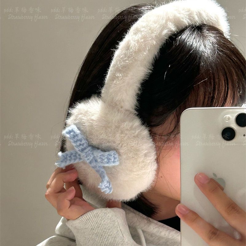 new ins knitted bow retractable plush earmuff warm thickened earphone type earmuffs autumn/winter fashion