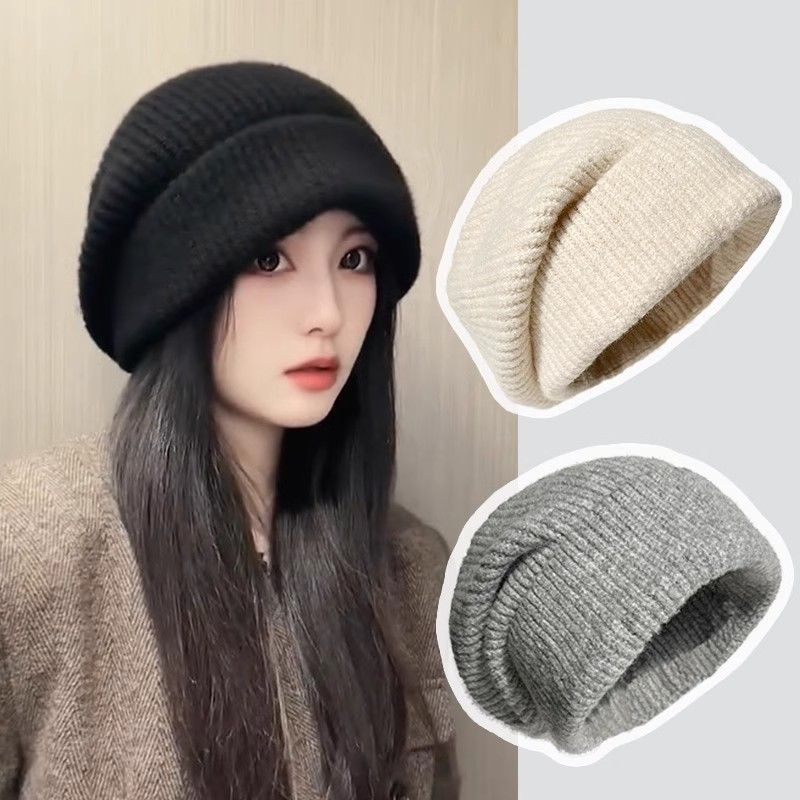 ins knitted pile heap cap autumn and winter new warm beanie hat earflaps woolen hat street big head loose hat knitted