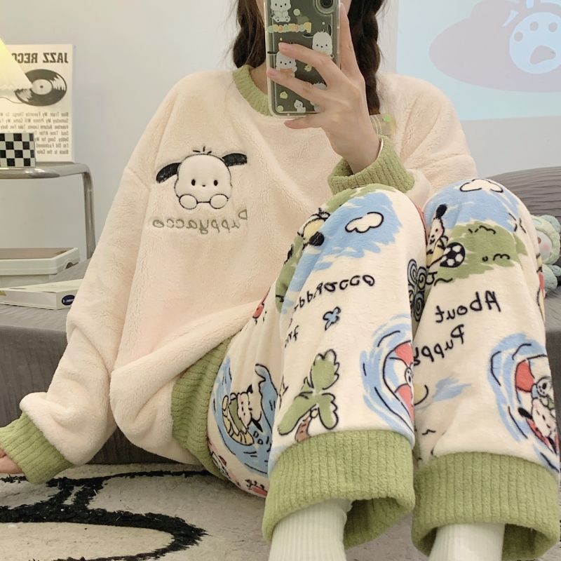 ins pajamas women‘s winter coral fleece fleece-lined warm autumn and winter student cute cartoon long sleeve flannel homewear