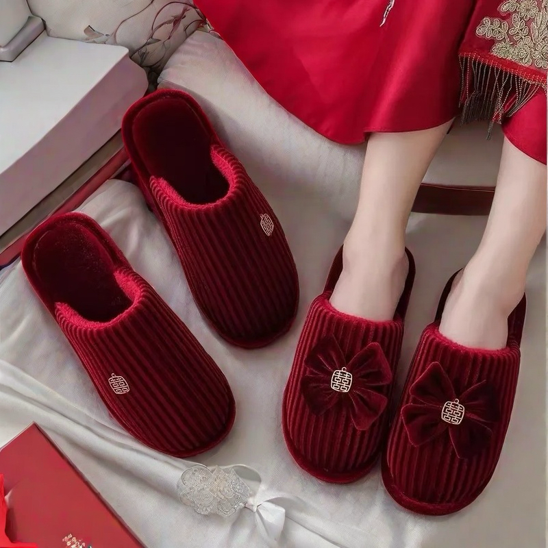 wedding slippers festive a pair in red couple women‘s dowry four-season slippers happy slippers high-end wedding supplies complete collection