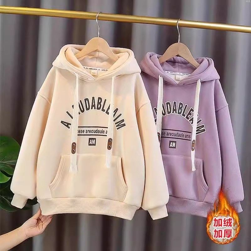 girls‘ sweater autumn and winter 2024 new western style medium and big children korean style children‘s single-layer fleece-lined thick hooded fashionable top