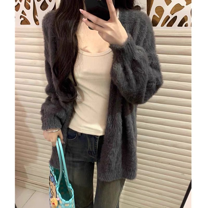 idle style fashion mink-like coat autumn and winter new loose long-sleeved knitted cardigan all-matching top women‘s outer wear