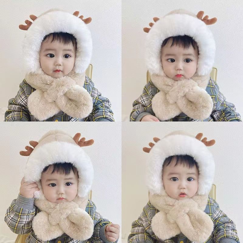 winter children‘s hat scarf integrated boys and girls thickened warm wool cute baby antlers windproof earflaps hat