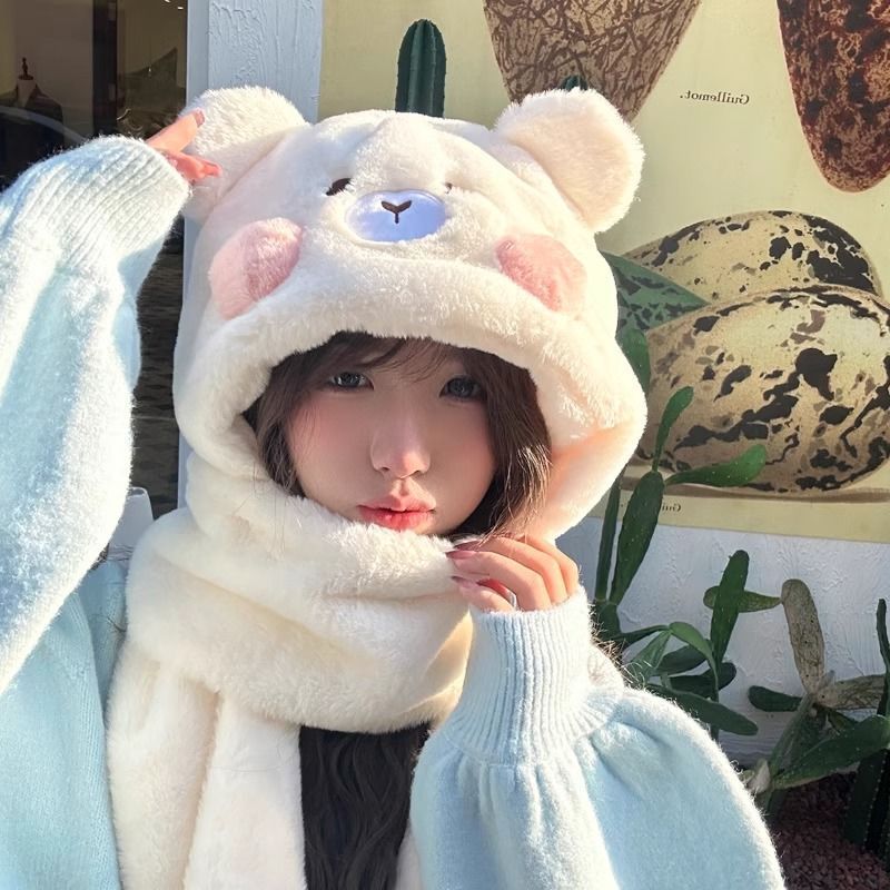 bear hat korean style cute thickening women‘s autumn and winter scarf all-in-one warm keeping scarf gloves ear protection plush three-piece set