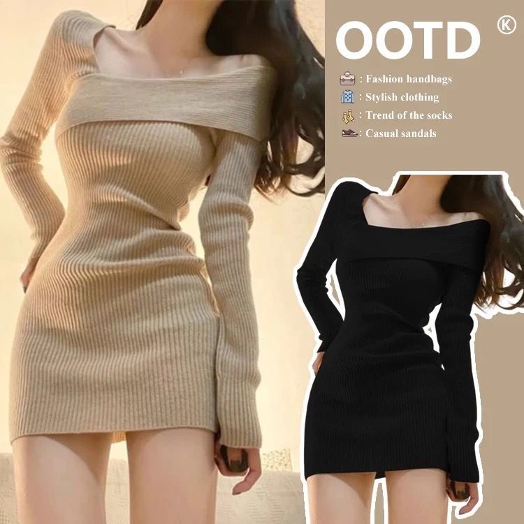 pure hot girl slim-fit slimming hip skirt women‘s fall and winter inner wear bottoming oblique shoulder knitted dress long sleeve sweater dress