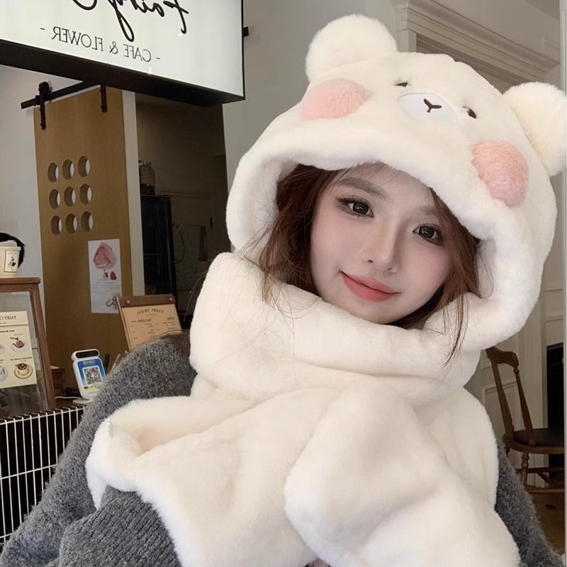 cute bear hat scarf integrated women‘s winter plush scarf gloves winter thermal three-piece suit ushanka