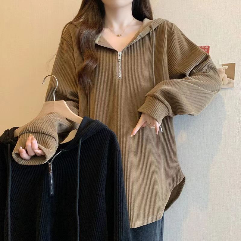 plus size 150.00kg autumn wear mid-length hooded sweater women‘s plump girls casual shoulder width loose figure flattering belly-covering tops tide