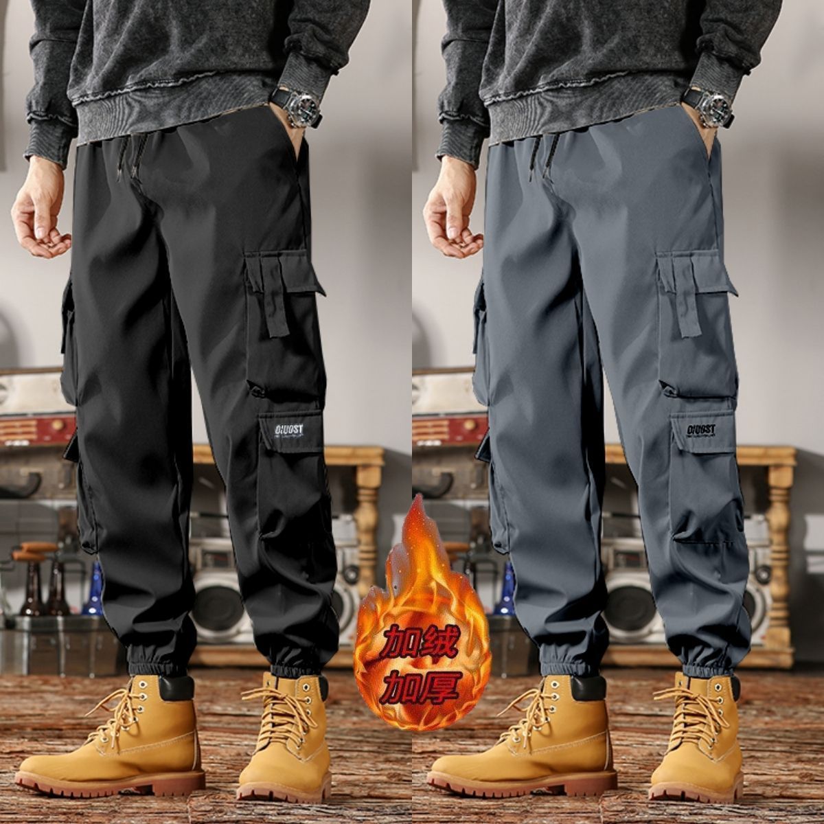 autumn and winter fleece-lined men‘s overalls labor protection wear-resistant auto repair plus size loose all-match multi-pocket leisure tappered trousers