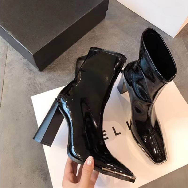 kendall jenner patent leather short boots women‘s high heel chunky heel all-matching 2024 new european and american autumn and winter martin boots middle boots