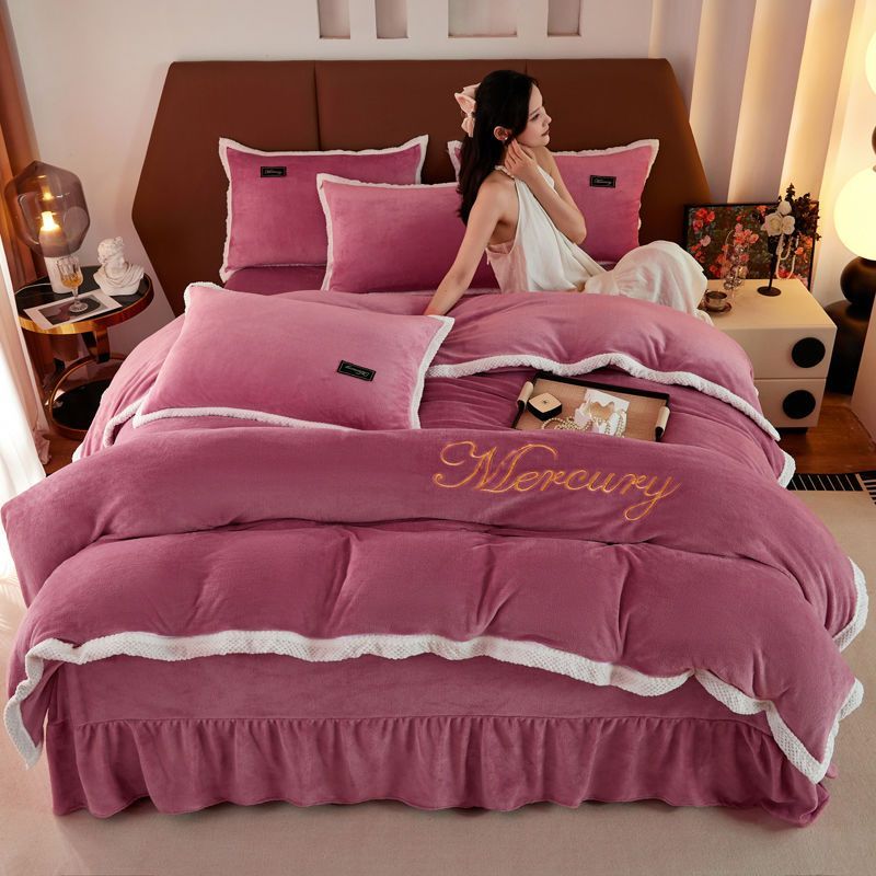 new thickened milk fiber four-piece coral fleece double-sided single quilt cover winter fleece-lined warm bed three-piece set