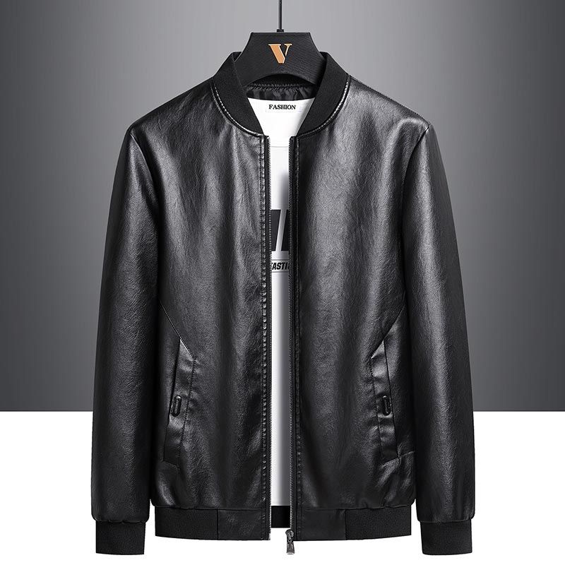 men‘s casual fleece and thick leather soft leather slim fit comfortable fashionable jacket trendy pu leather baseball collar men‘s jacket