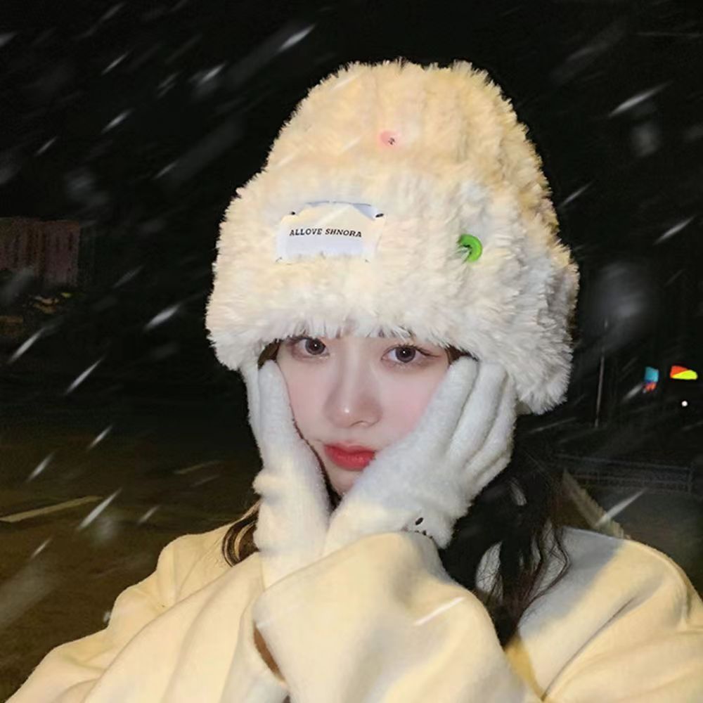 thickened plush knitted hat women‘s autumn and winter korean style face-looking small warm button woolen cap big head circumference ear protection