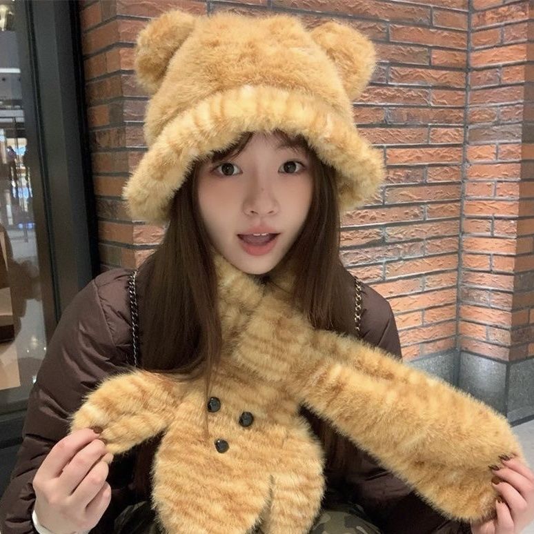 tiger pattern cartoon cute fluffy ears scarf warm bear female bucket hat leopard print cold-proof warm scarf