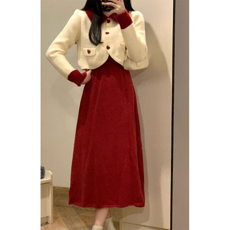 new year‘s red suit skirt for women autumn and winter new sweet milk doll collar sweater dress two-piece set