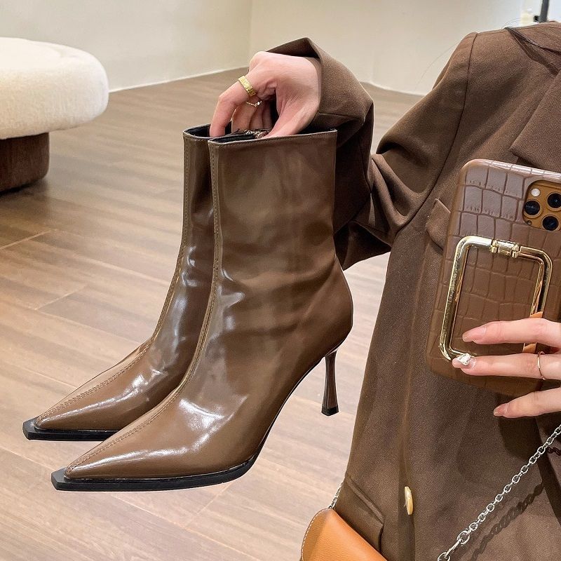 european and american retro pointed ankle boots women‘s spring and autumn 2024 new temperament wild high heels patent leather skinny boots