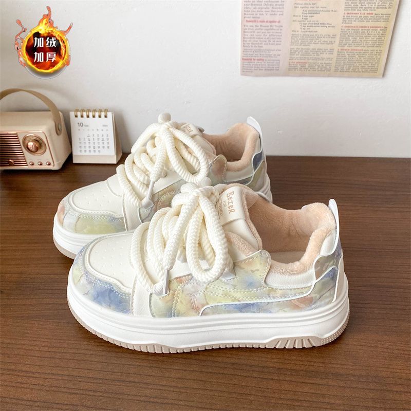 autumn and winter bread shoes women‘s 2024 new popular cotton-padded shoes women‘s fleece-lined white shoes versatile platform sports casual shoes