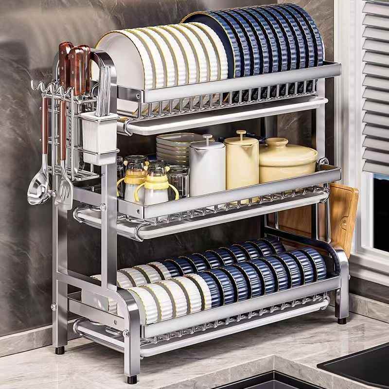 extra thick 304 stainless steel dish storage rack household multi-functional kitchen storage rack bowl and chopstick rack dish draining rack