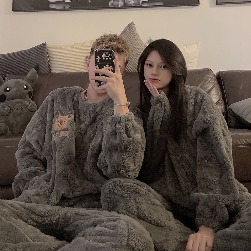 korean style ins bear thick coral fleece couple pajamas women‘s autumn and winter men‘s cartoon large size warm loungewear