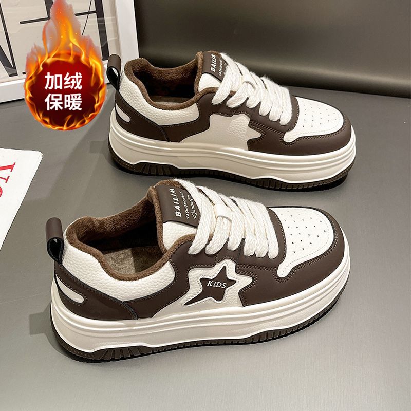 super popular fleece-lined white shoes 2024 new autumn and winter platform sneakers all-matching black and white xingx panda shoes ins fashion