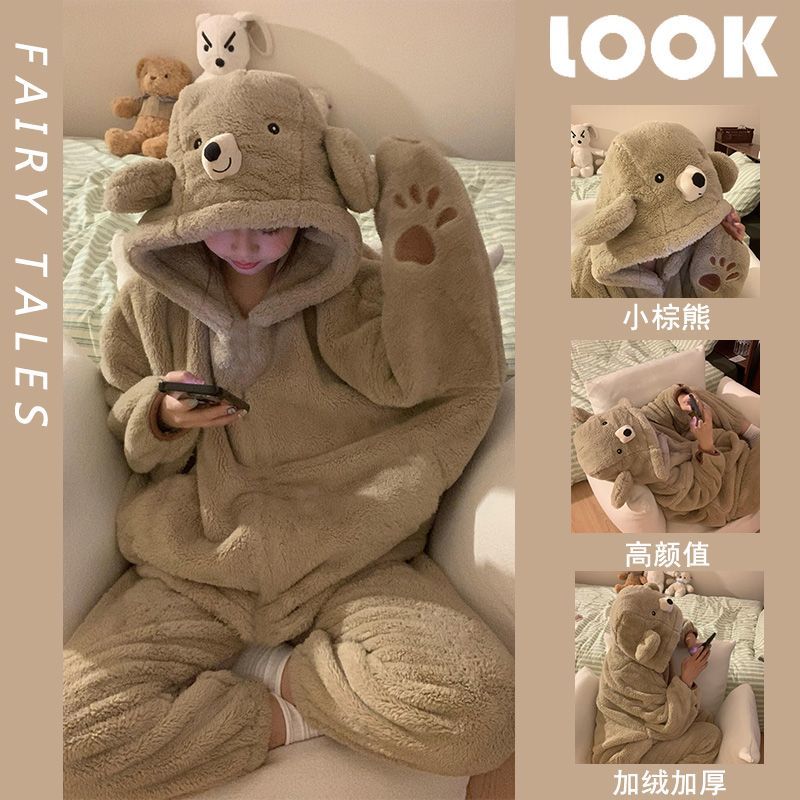 popular little brown bear coral fleece thermal pajamas women‘s autumn and winter fleece lined padded warm keeping homewear suit can be worn outside