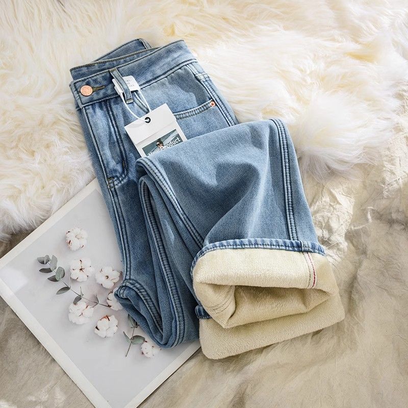 fleece-lined thick narrow wide-leg jeans for women 2024 new fall/winter hot-selling pear shapes high waist straight pants