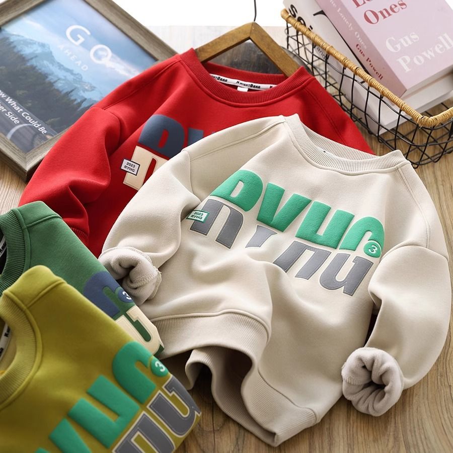 boys‘ fleece-lined sweater autumn and winter new korean style long-sleeved children‘s thickened thermal round-neck middle and big children‘s bottoming top