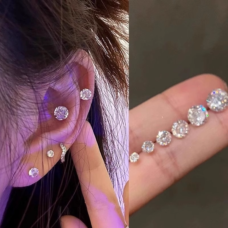 s925 silver super flash stud earrings female zircon flash ear bone stud delicate rhinestone high-grade sleep no need to take off earrings earrings