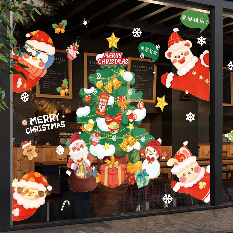 christmas glass static sticker decorative paper santa tree mall shop scene arrangement glass door showcase sticker