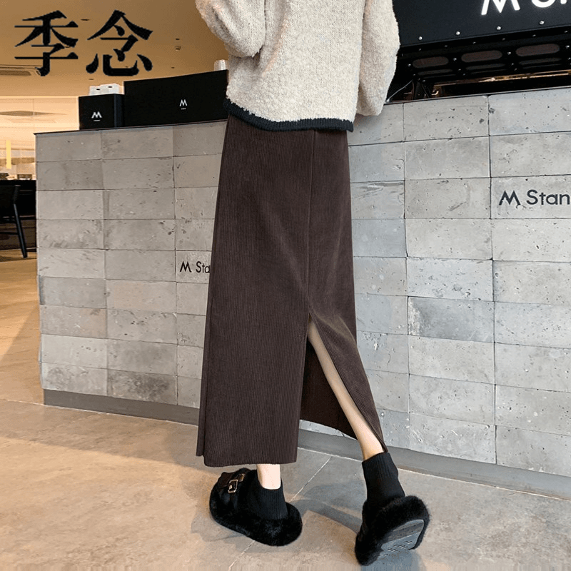 maillard color velvet skirt autumn and winter 2024 winter chenille high waist sheath slit half-length skirt