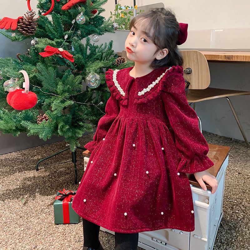 girls‘ dress 2024 new autumn and winter children‘s princess dress baby winter dress red plus velvet dress new year clothes