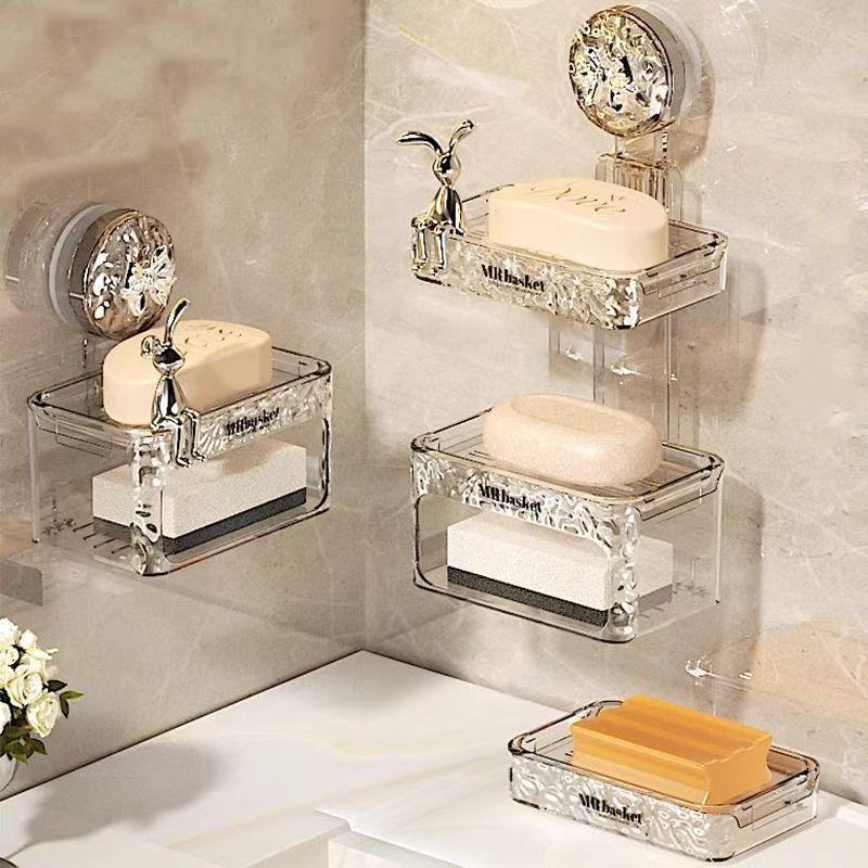 sucker soap box perforated wall-mounted household high-end bathroom rack double-layer drain soap box