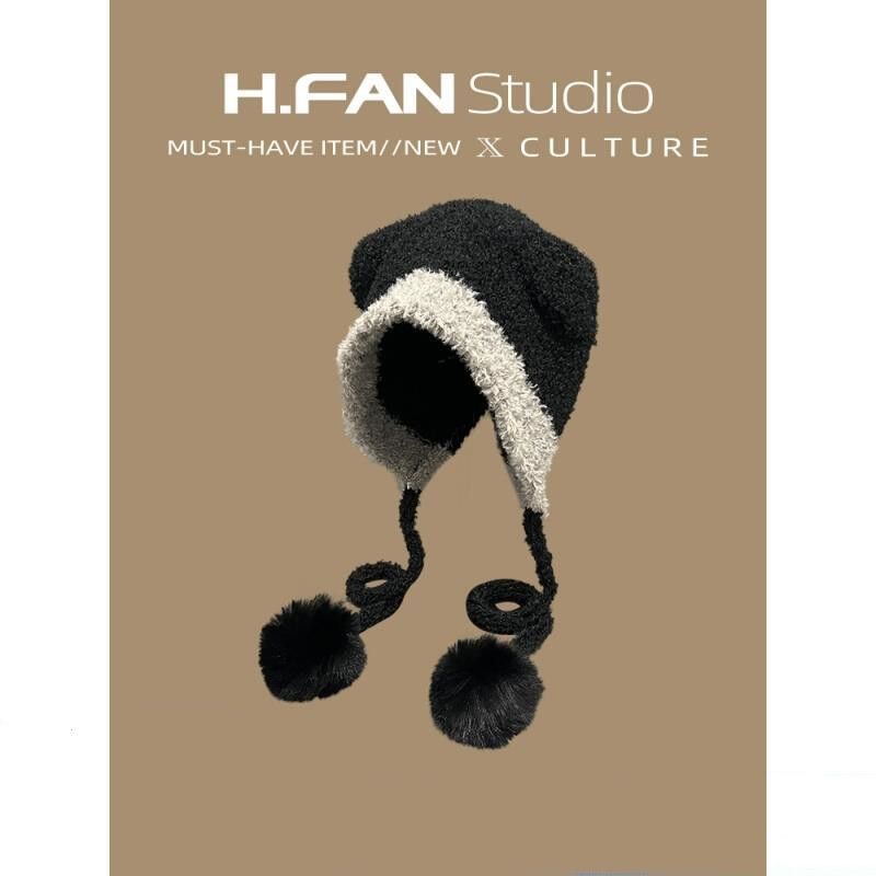 [genuine goods] cute color matching teddy plush bear ear straps woolen cap female winter warm ear protection knitted hat