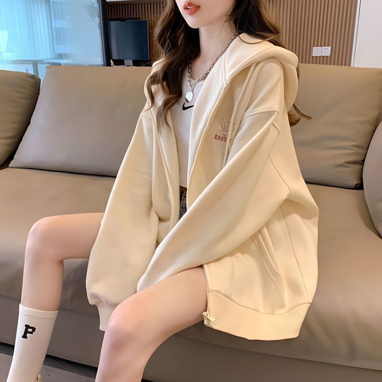 cardigan coat for women autumn and winter new fleece-lined thicken lazy style hooded sweater loose long sleeve top ins fashion i