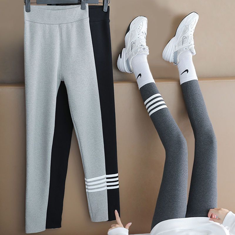 all-matching leggings women‘s autumn and winter cotton pants outer wear plus size plump girls gray thread warm-keeping pants slimming slim fit fleece-lined