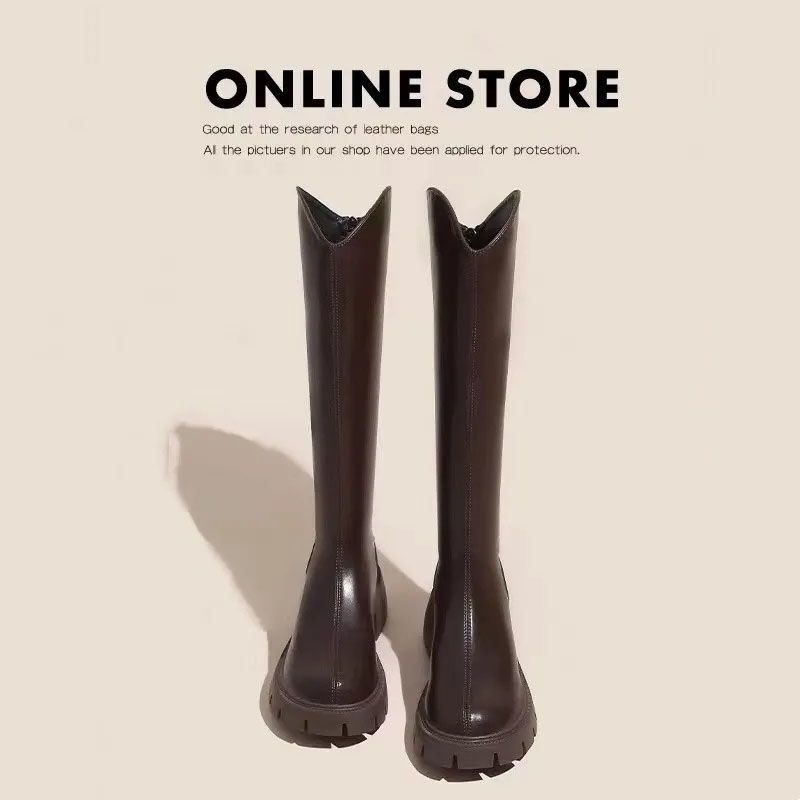 popular real soft leather v cut boots female 2024 autumn and winter new knight boots skinny stretch boots thick bottom high leg boot