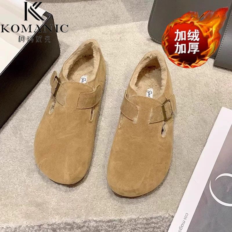 birkenstock fleece-lined women‘s soft bottom 2024 new retro autumn and winter shoes thick bottom beanie flat warm fluffy cotton shoes