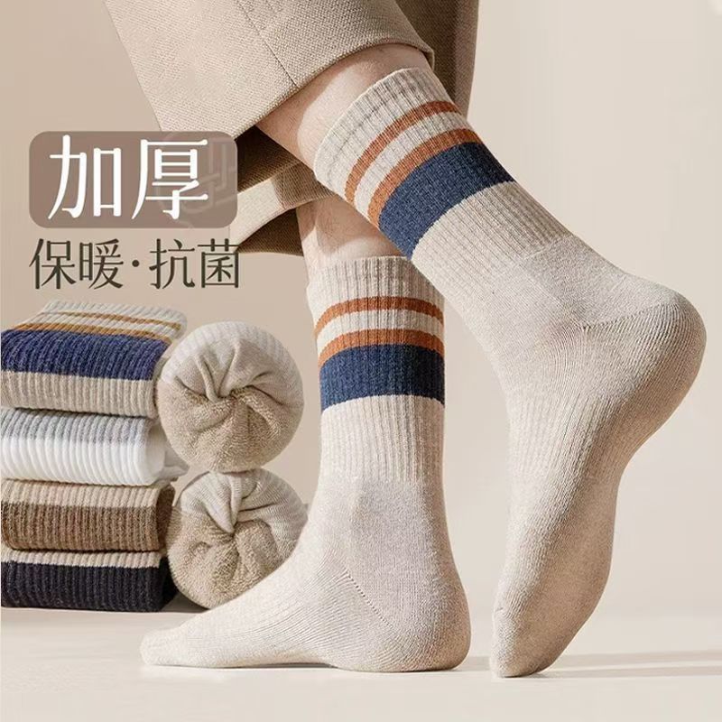 men‘s socks autumn and winter mid-calf length socks fleece lined padded warm keeping sweat-absorbent breathable retro terry long japanese ins fashion