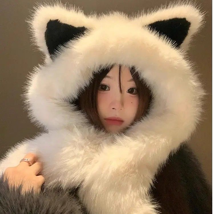 cute thickening fox plush ear hat scarf plush integrated new warm autumn and winter lei feng show face