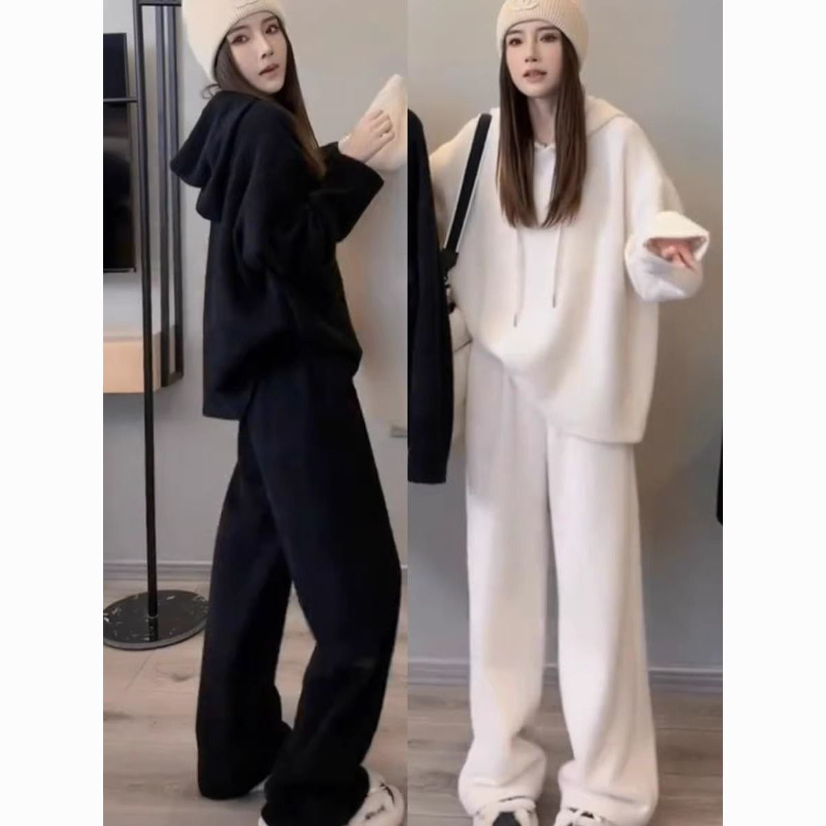 plump girls extra large size 150.00kg soft glutinous dralon hooded sweater set autumn and winter leisure top wide leg pants two-piece set 2