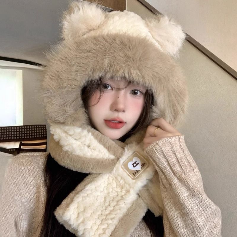 bear plush hat scarf integrated women‘s autumn and winter northeast cycling earflaps warm hooded scarf winter fashion