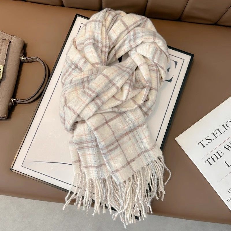 creamy-white scarf winter women‘s high-grade plaid shawl new versatile student korean style atmosphere scarf dual-purpose