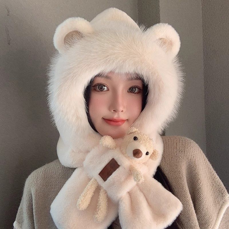 cute bear hat women‘s winter scarf integrated thickened warm cycling all-match plush scarf two-piece set