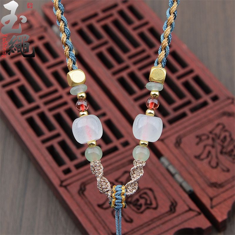 new four-strand braided hand-woven pendant rope jade emerald necklace rope sweater chain adjustable jewelry accessory rope