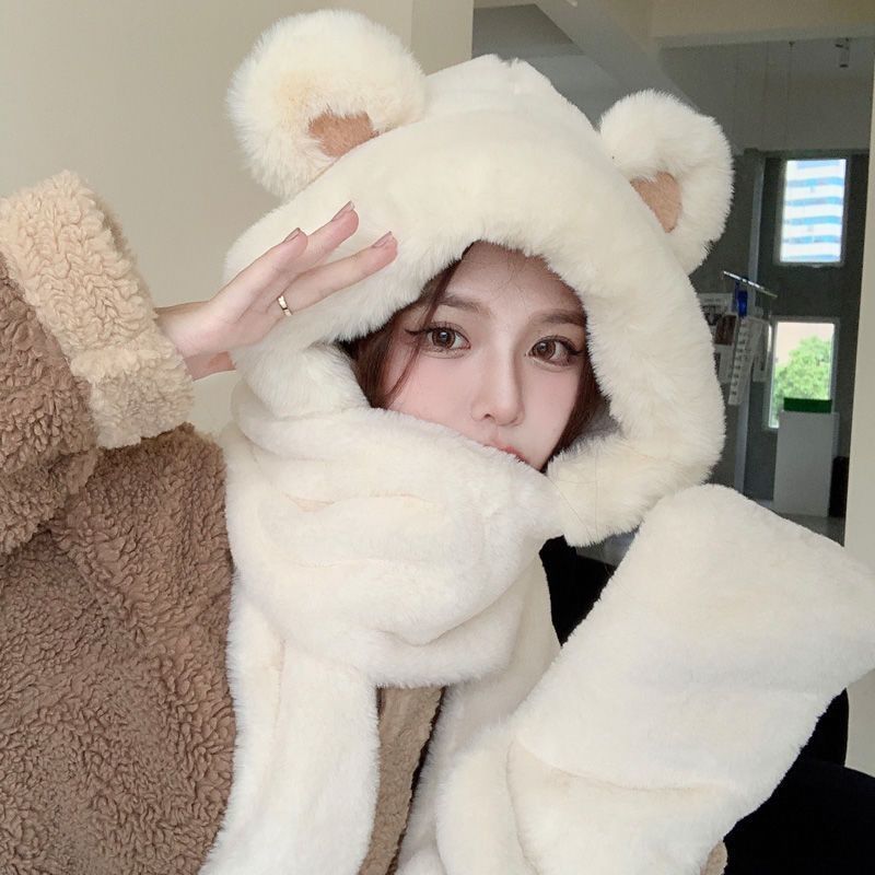 hat winter furry scarf integrated winter plush scarf gloves winter thermal three-piece suit ear protection advanced